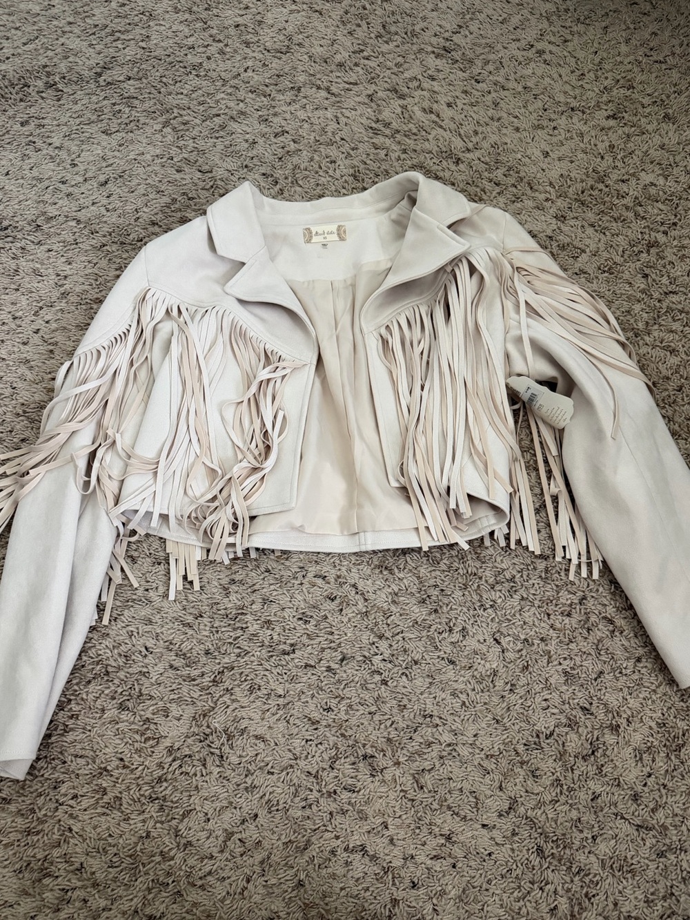 Altar'd State Light Cream Fringe Cropped Leather Jacket